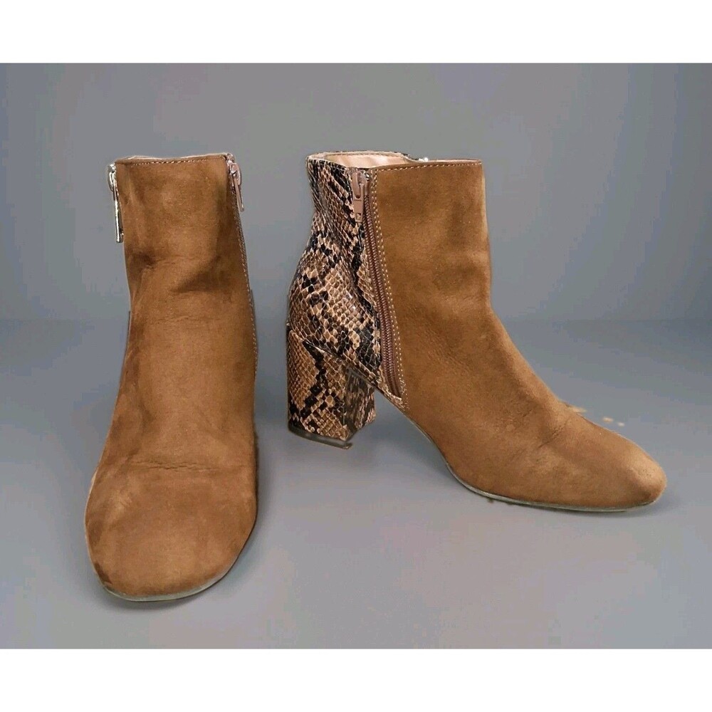 Bamboo Mood-05 Brown Faux Suede Snakeskin Block Heel Ankle Boots Booties Size 8